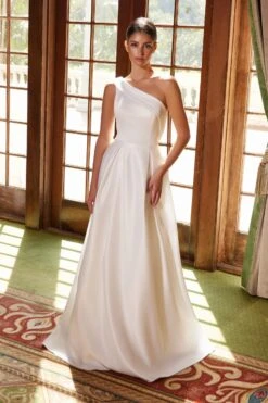 Nox Anabel E469 Elegant One Shoulder Long Satin A-Line Dress(Elegant One Shoulder Long Satin A Line White Dress)