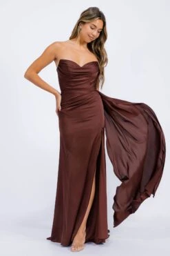 Eureka EK118 Side Sash Ruched Neckline Floor Length Strapless Gown(Eureka Ek118 Side Sash Ruched Neckline Floor Length Strapless Gown) -Dress Promotion Store EK118 BROWN SIDE