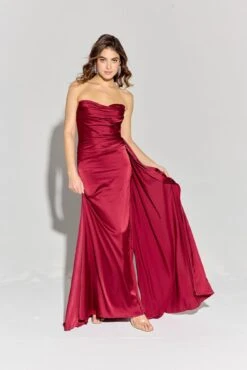 Eureka EK118 Side Sash Ruched Neckline Floor Length Strapless Gown(Eureka Ek118 Side Sash Ruched Neckline Floor Length Strapless Gown) -Dress Promotion Store EK118BURGUNDY