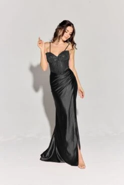 Eureka EK183 Strapless Beaded Boned Bodice Silk Satin Gown Open Slit(Eureka Ek183 Strapless Beaded Boned Bodice Silk Satin Gown Open Slit) -Dress Promotion Store EK183BLACK