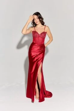 Eureka EK183 Strapless Beaded Boned Bodice Silk Satin Gown Open Slit(Eureka Ek183 Strapless Beaded Boned Bodice Silk Satin Gown Open Slit) -Dress Promotion Store EK183BURGUNDY