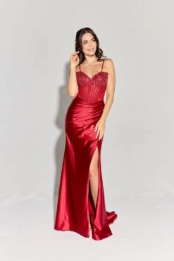 Eureka EK183 Strapless Beaded Boned Bodice Silk Satin Gown Open Slit(Eureka Ek183 Strapless Beaded Boned Bodice Silk Satin Gown Open Slit)