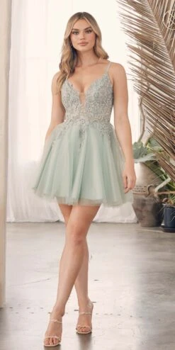 Nox Anabel G785 Short A-Line Tulle Skirt Embroidered Bodice V-Neck Dress(Nox Anabel G785 Short A Line Tulle Skirt Embroidered Bodice V Neck Dress) -Dress Promotion Store G785 SAGEGREEN 3