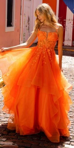 Nox Anabel H1351 Long A-Line Tiered Layered Ruffled Tulle Ballgown(Nox Anabel H1351 Long A Line Tiered Layered Ruffled Tulle Ballgown)