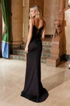 Nox Anabel H1672 Glitter Satin Dress With High Slit And Plunged Neckline(Nox Anabel H1672 Glitter Satin Dress With High Slit And Plunged Neckline) -Dress Promotion Store H1672BLACK 5