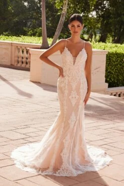 Nox Anabel H494 Spaghetti Strap V-Neckline Long Lace Wedding Gown(Spaghetti Strap V Neckline Long Lace White Nude Wedding Gown)