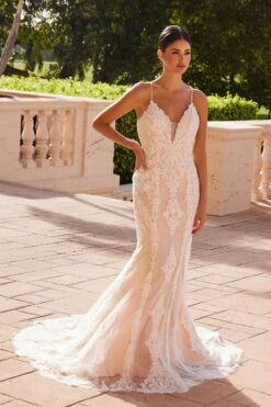 Nox Anabel H494 Spaghetti Strap V-Neckline Long Lace Wedding Gown(Spaghetti Strap V Neckline Long Lace White Nude Wedding Gown) -Dress Promotion Store H494WHITE NUDE 4