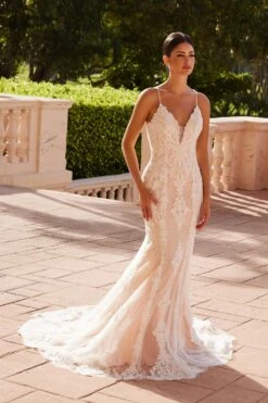 Nox Anabel H494 Spaghetti Strap V-Neckline Long Lace Wedding Gown(Spaghetti Strap V Neckline Long Lace White Nude Wedding Gown) -Dress Promotion Store H494WHITE NUDE 5