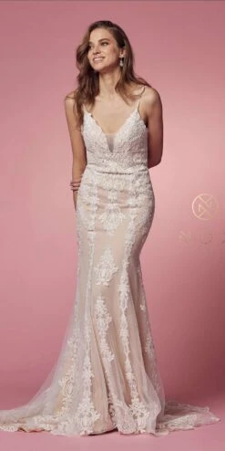Nox Anabel H494 Spaghetti Strap V-Neckline Long Lace Wedding Gown(Spaghetti Strap V Neckline Long Lace White Nude Wedding Gown) -Dress Promotion Store H494 WHITE NUDE 15
