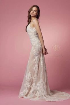 Nox Anabel H494 Spaghetti Strap V-Neckline Long Lace Wedding Gown(Spaghetti Strap V Neckline Long Lace White Nude Wedding Gown) -Dress Promotion Store H494 WHITE NUDE 19