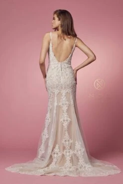 Nox Anabel H494 Spaghetti Strap V-Neckline Long Lace Wedding Gown(Spaghetti Strap V Neckline Long Lace White Nude Wedding Gown) -Dress Promotion Store H494 WHITE NUDE 48