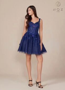 Nox Anabel H846 Short Glitter Sequin Applique A-Line Dress(Nox Anabel H846 Short Glitter Sequin Applique A Line Dress) -Dress Promotion Store H846 nox anabel navy side2