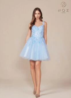 Nox Anabel H846 Short Glitter Sequin Applique A-Line Dress(Nox Anabel H846 Short Glitter Sequin Applique A Line Dress) -Dress Promotion Store H846 nox anabel sky blue
