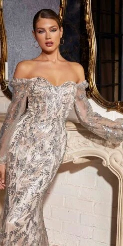 Cinderella Divine J816 Removable Long Sleeve Off The Shoulder Gown(Removable Long Sleeve Off The Shoulder Gown By Cinderella Divine J816) -Dress Promotion Store J816 silvernude