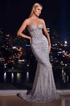 Ladivine J871 Long Sultry Fitted Strapless Embellished Gown(Ladivine J871 Long Sultry Fitted Strapless Embellished Gown) -Dress Promotion Store J871 LADIVINE SILVER