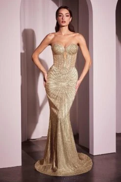 Ladivine J871 Long Sultry Fitted Strapless Embellished Gown(Ladivine J871 Long Sultry Fitted Strapless Embellished Gown) -Dress Promotion Store J871 gold front