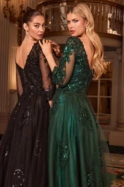Ladivine J883 Mother Of The Bride A-Line Ball Gown Long Sleeve(Ladivine J883 Mother Of The Bride A Line Ball Gown Long Sleeve) -Dress Promotion Store J883 BLACK EMERALD 2