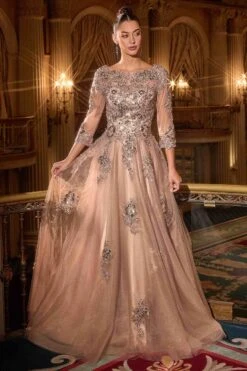 Ladivine J883 Mother Of The Bride A-Line Ball Gown Long Sleeve(Ladivine J883 Mother Of The Bride A Line Ball Gown Long Sleeve) -Dress Promotion Store J883 MOCHA GOLD FRONT