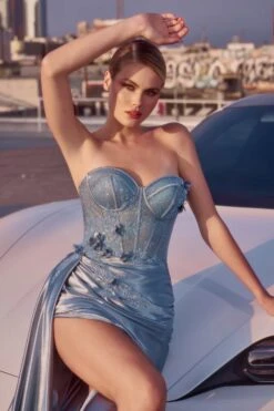 Ladivine J884 Dress Strapless Fitted Satin Corset Gown(Ladivine J884 Dress Strapless Fitted Satin Corset Gown) -Dress Promotion Store J884 DUSTY BLUE 2