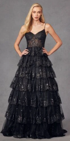 Juliet JT2454K Long Boned Bodice Tiered Layered Sequin Detail A-Line Gown(Juliet Jt2454k Long Boned Bodice Tiered Layered Sequin Detail A Line Gown) -Dress Promotion Store JT2454KBLACK 1 41c057eb e1fa 46c4 a078 9a12281f0ff8