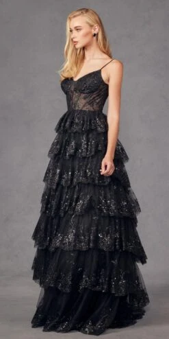 Juliet JT2454K Long Boned Bodice Tiered Layered Sequin Detail A-Line Gown(Juliet Jt2454k Long Boned Bodice Tiered Layered Sequin Detail A Line Gown) -Dress Promotion Store JT2454KBLACK 3 d09d6733 67d2 4557 a4f6 c6dec1bb0687