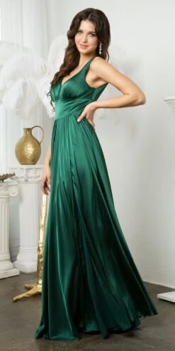Juno 958 Floor Length Stretch Satin V-Neck A-Line Dress With Pockets And Slit(Juno 958 Floor Length Stretch Satin V Neck A Line Dress With Pockets And Slit) -Dress Promotion Store JUNO 0958 EMERALD F1
