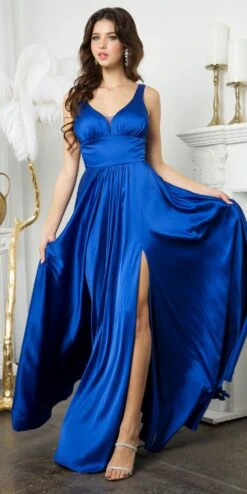 Juno 958 Floor Length Stretch Satin V-Neck A-Line Dress With Pockets And Slit(Juno 958 Floor Length Stretch Satin V Neck A Line Dress With Pockets And Slit) -Dress Promotion Store JUNO 0958 ROYAL F2