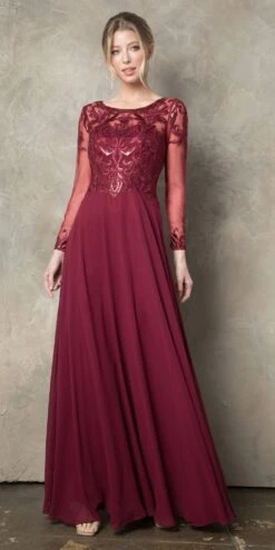 Juno 960 Long A-Line Mother Of The Bride Chiffon Long Sleeve Dress(Juno 960 Long A Line Mother Of The Bride Chiffon Long Sleeve Dress) -Dress Promotion Store JUNO 0960 BURGUNDY F1