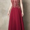 Juno 926 A-Line Long Formal Dress Appliqued Bodice(A Line Long Formal Dress Appliqued Bodice Blush) -Dress Promotion Store JUNO 926 BURGUNDY F1