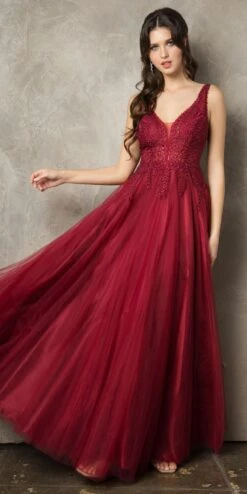 Juno 933 Embroidered Long Prom Dress V-Neck And Back(Embroidered Long Prom Dress V Neck And Back Dusty Rose) -Dress Promotion Store JUNO 933 BURGUNDY F1