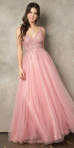 Juno 933 Embroidered Long Prom Dress V-Neck And Back(Embroidered Long Prom Dress V Neck And Back Dusty Rose) -Dress Promotion Store JUNO 933 DUSTYROSE F1