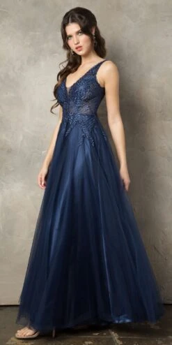 Juno 933 Embroidered Long Prom Dress V-Neck And Back(Embroidered Long Prom Dress V Neck And Back Dusty Rose) -Dress Promotion Store JUNO 933 NAVY F1