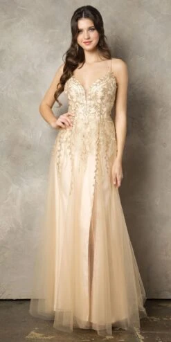 Juno 936 Lace-Up Back A-Line Long Prom Dress With Slit(Lace Up Back A Line Long Prom Dress Mauve With Slit) -Dress Promotion Store JUNO 936 GOLD F1