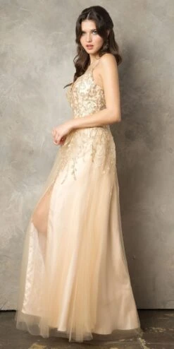 Juno 936 Lace-Up Back A-Line Long Prom Dress With Slit(Lace Up Back A Line Long Prom Dress Mauve With Slit) -Dress Promotion Store JUNO 936 GOLD F2