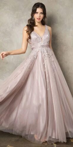 Juno 950 Appliqued V-Neck And Back Long Dress(Appliqued V Neck And Back Long Prom Dress Mauve)