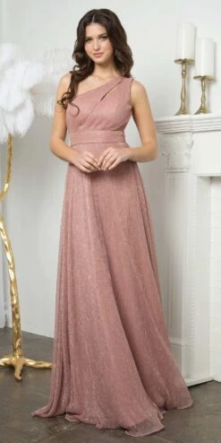 Juno A1008 Floor Length One Shoulder Metallic Knit Evening Gown(Juno A1008 Floor Length One Shoulder Metallic Knit Evening Gown) -Dress Promotion Store JUNO A1008 PINK F1