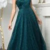 Juno A1008 Floor Length One Shoulder Metallic Knit Evening Gown(Juno A1008 Floor Length One Shoulder Metallic Knit Evening Gown) -Dress Promotion Store JUNO A1008 TEAL F1