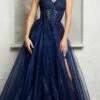 Juno A1029 Long Embroidered Lace Applique Strapless A-Line Tulle Gown(Juno A1029 Long Embroidered Lace Applique Strapless A Line Tulle Gown) -Dress Promotion Store JUNO A1029 NAVY