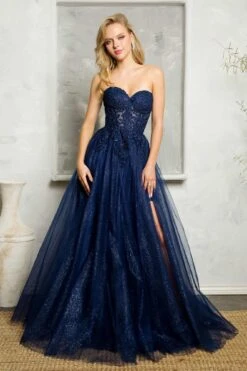 Juno A1029 Long Embroidered Lace Applique Strapless A-Line Tulle Gown(Juno A1029 Long Embroidered Lace Applique Strapless A Line Tulle Gown) -Dress Promotion Store JUNO A1029 NAVY F1