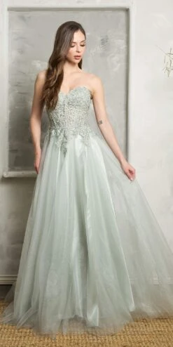 Juno A1029 Long Embroidered Lace Applique Strapless A-Line Tulle Gown(Juno A1029 Long Embroidered Lace Applique Strapless A Line Tulle Gown) -Dress Promotion Store JUNO A1029 SAGE F1