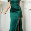 Juno M1001 Floor Length Off The Shoulder Stretch Satin Fitted Gown(Juno M1001 Floor Length Off The Shoulder Stretch Satin Fitted Gown) -Dress Promotion Store JUNO M1001 EMERALD F1