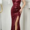 Juno M1005 Floor Length Off The Shoulder Fitted Front Slit Gown(Juno M1005 Floor Length Off The Shoulder Fitted Front Slit Gown) -Dress Promotion Store JUNO M1005 BURGUNDY F1