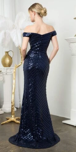 Juno M1005 Floor Length Off The Shoulder Fitted Front Slit Gown(Juno M1005 Floor Length Off The Shoulder Fitted Front Slit Gown) -Dress Promotion Store JUNO M1005 NAVY B1