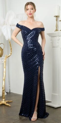 Juno M1005 Floor Length Off The Shoulder Fitted Front Slit Gown(Juno M1005 Floor Length Off The Shoulder Fitted Front Slit Gown) -Dress Promotion Store JUNO M1005 NAVY F1