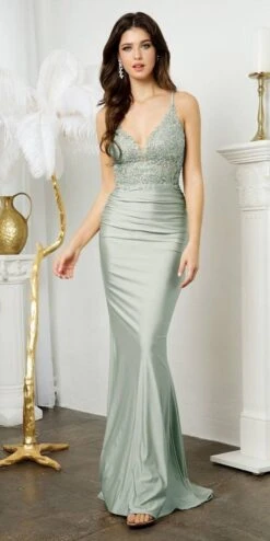 Juno M1006 Floor Length Fitted Sheath Jersey Gown Lace Bodice(Juno M1006 Floor Length Fitted Sheath Jersey Gown Lace Bodice) -Dress Promotion Store JUNO M1006 SAGE