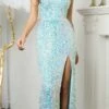 Juno M1014 Floor Length Sheath Sequins Gown Spaghetti Straps Leg Slit(Juno M1014 Floor Length Sheath Sequins Gown Spaghetti Straps Leg Slit) -Dress Promotion Store JUNO M1014 PEARLBLUE F1