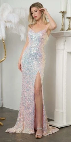 Juno M1014 Floor Length Sheath Sequins Gown Spaghetti Straps Leg Slit(Juno M1014 Floor Length Sheath Sequins Gown Spaghetti Straps Leg Slit) -Dress Promotion Store JUNO M1014 PEARLPINK F1 2