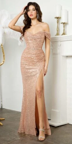 Juno M1019 Floor Length Off The Shoulder Fitted Sequins Gown With Slit(Juno M1019 Floor Length Off The Shoulder Fitted Sequins Gown With Slit)