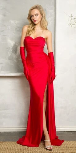 Juno M1030 Long Fitted Strapless Slit Gown With Gloves And Side Sash(Juno M1030 Long Fitted Strapless Slit Gown With Gloves And Side Sash)