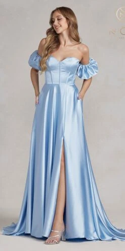 Nox Anabel K1122 Floor Length A-line Satin Gown With Detachable Puff Sleeves(Nox Anabel K1122 Floor Length A Line Satin Gown With Detachable Puff Sleeves) 22 Nox Anabel K1122 Floor Length A-line Satin Gown With Detachable Puff Sleeves(Nox Anabel K1122 Floor Length A Line Satin Gown With Detachable Puff Sleeves) -Dress Promotion Store K1122 BLUE 1